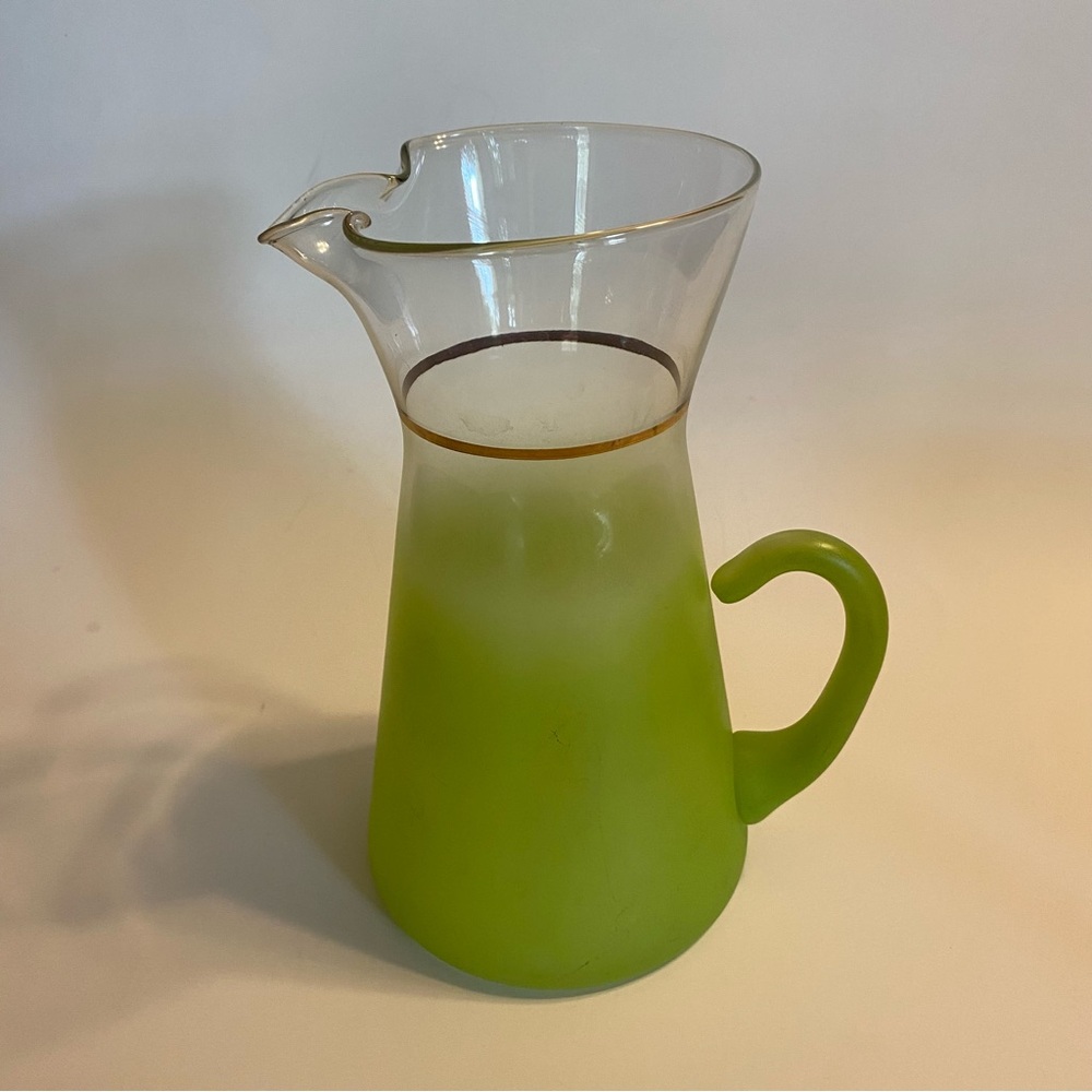 Vintage Blendo Glass Pitcher MCM Frosted Lime Green with Gold Band Please Read